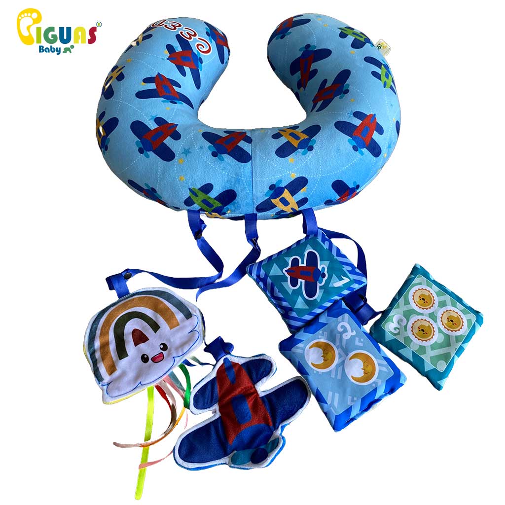 Cojín tummy time, promueve la posición boca abajo, librito de tela con números y juguetes llamativos.