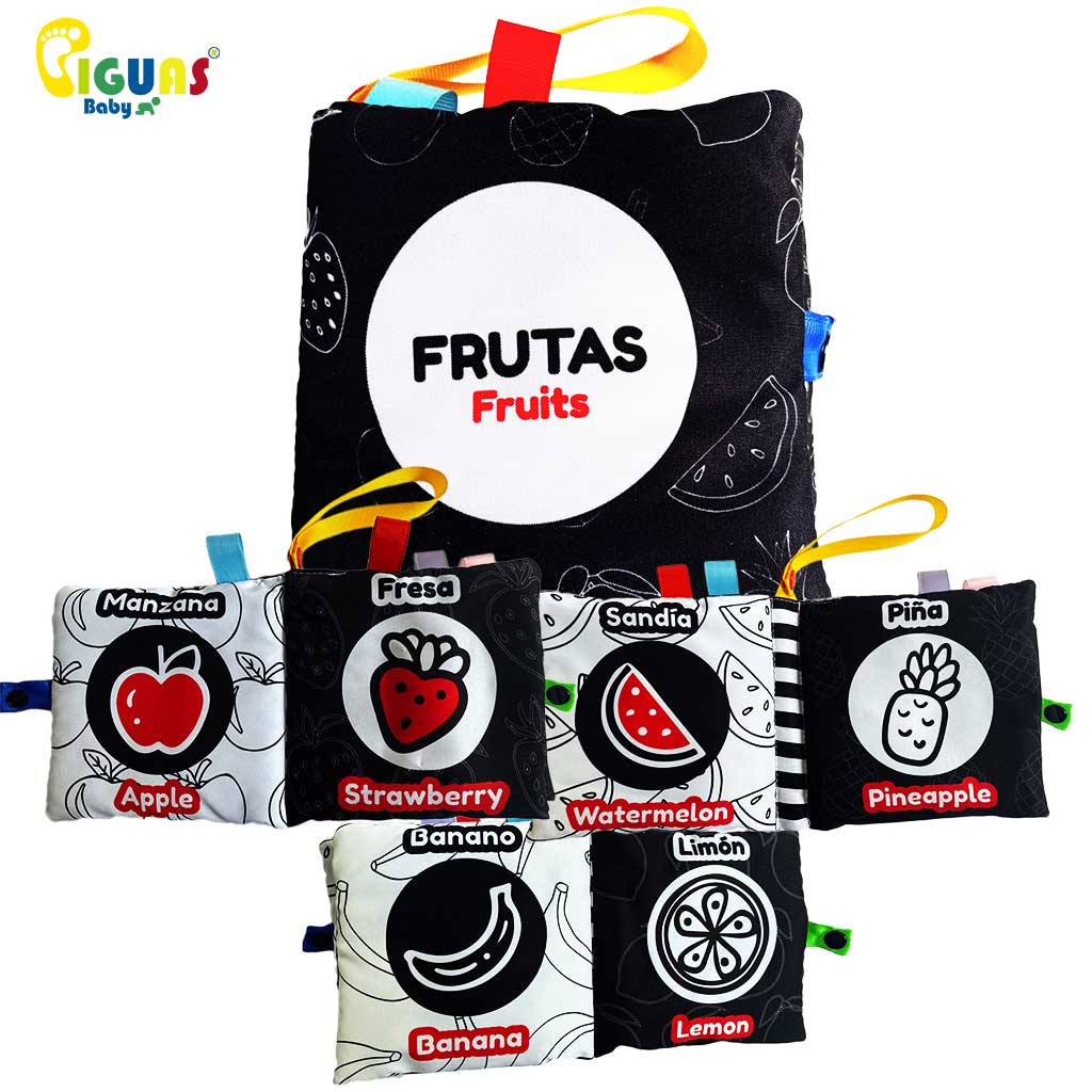 ¡Descubre el delicioso mundo de las frutas con nuestro libro de tela en alto contraste! Este divertido libro presenta las frutas más populares de una manera clara y sencilla, ideal para los más pequeños. Las imágenes en blanco y negro y las diferentes texturas estimulan la visión y el tacto del bebé, fomentando su desarrollo cognitivo. ¡Perfecto para compartir momentos especiales y fortalecer el vínculo entre padres e hijos!