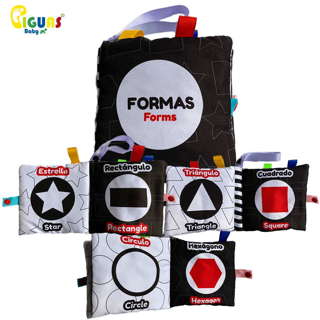 Ideal para bebés a partir de 0 meses. Las formas están presentadas de forma clara y sencilla, y las texturas suaves invitan al tacto. Perfecto para estimular el desarrollo visual y cognitivo del bebé.