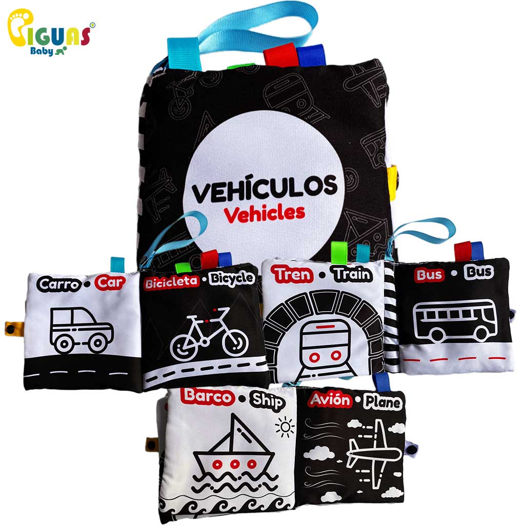 deal para bebés a partir de 0 meses. Los vehículos están presentados de forma clara y sencilla, y las texturas suaves invitan al tacto. Perfecto para estimular el desarrollo visual y cognitivo del bebé.