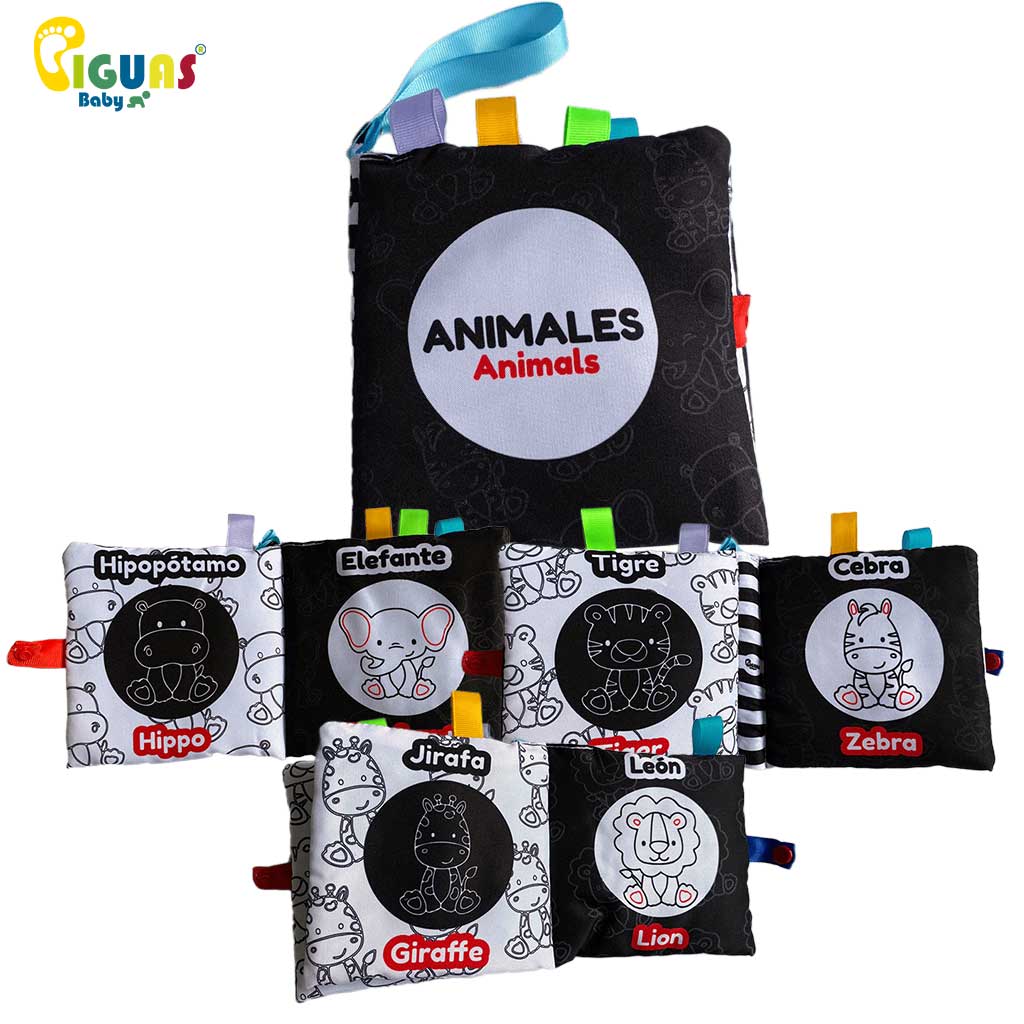 Estimula el aprendizaje de los nombres de los animales en español e inglés y fomenta el reconocimiento de formas básicas.