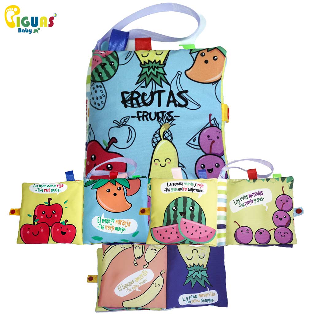 Estimula el aprendizaje de los nombres de las frutas en español e inglés y fomenta el reconocimiento de colores.