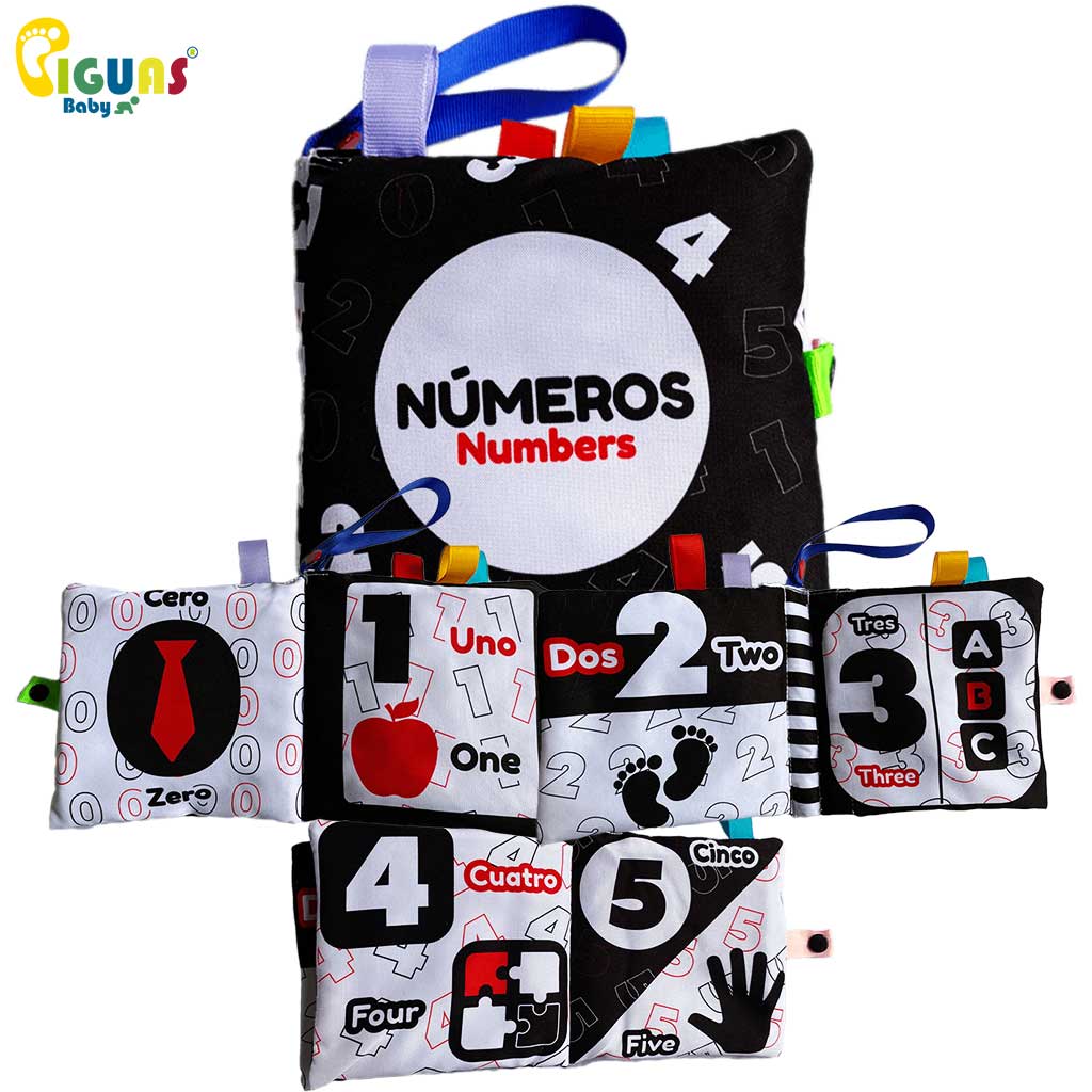 ¡Descubre los números! Este divertido libro ayudará a tu bebé a aprender los números del 0 al 5 en español e inglés mientras se divierte explorando diferentes texturas.