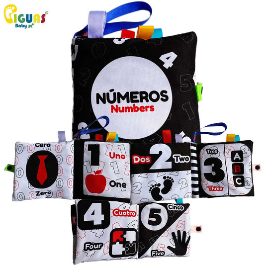 ¡Descubre los números! Este divertido libro ayudará a tu bebé a aprender los números del 0 al 5 en español e inglés mientras se divierte explorando diferentes texturas.